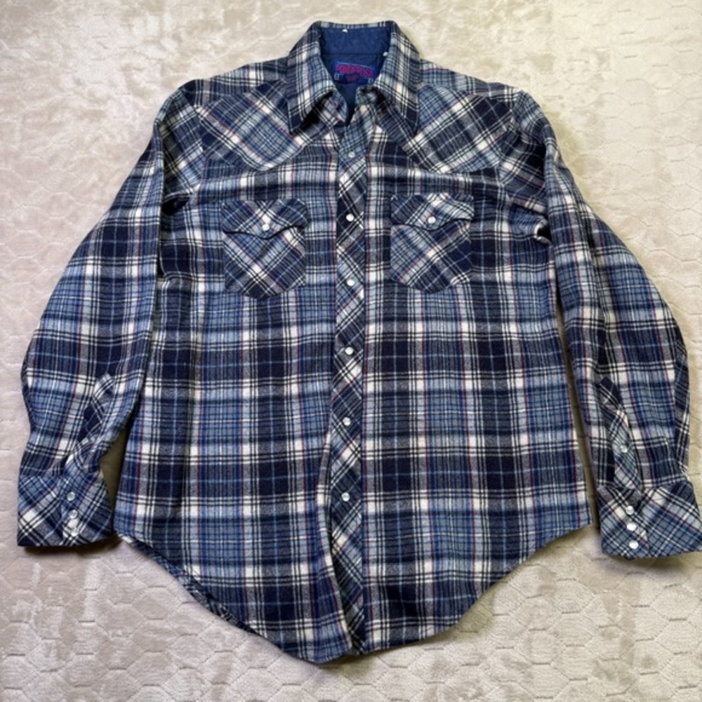 VTG Ponderosa 80s Western Pearl Snap Shirt Mens Blue Plaid Wool Cowboy Ranch L‎